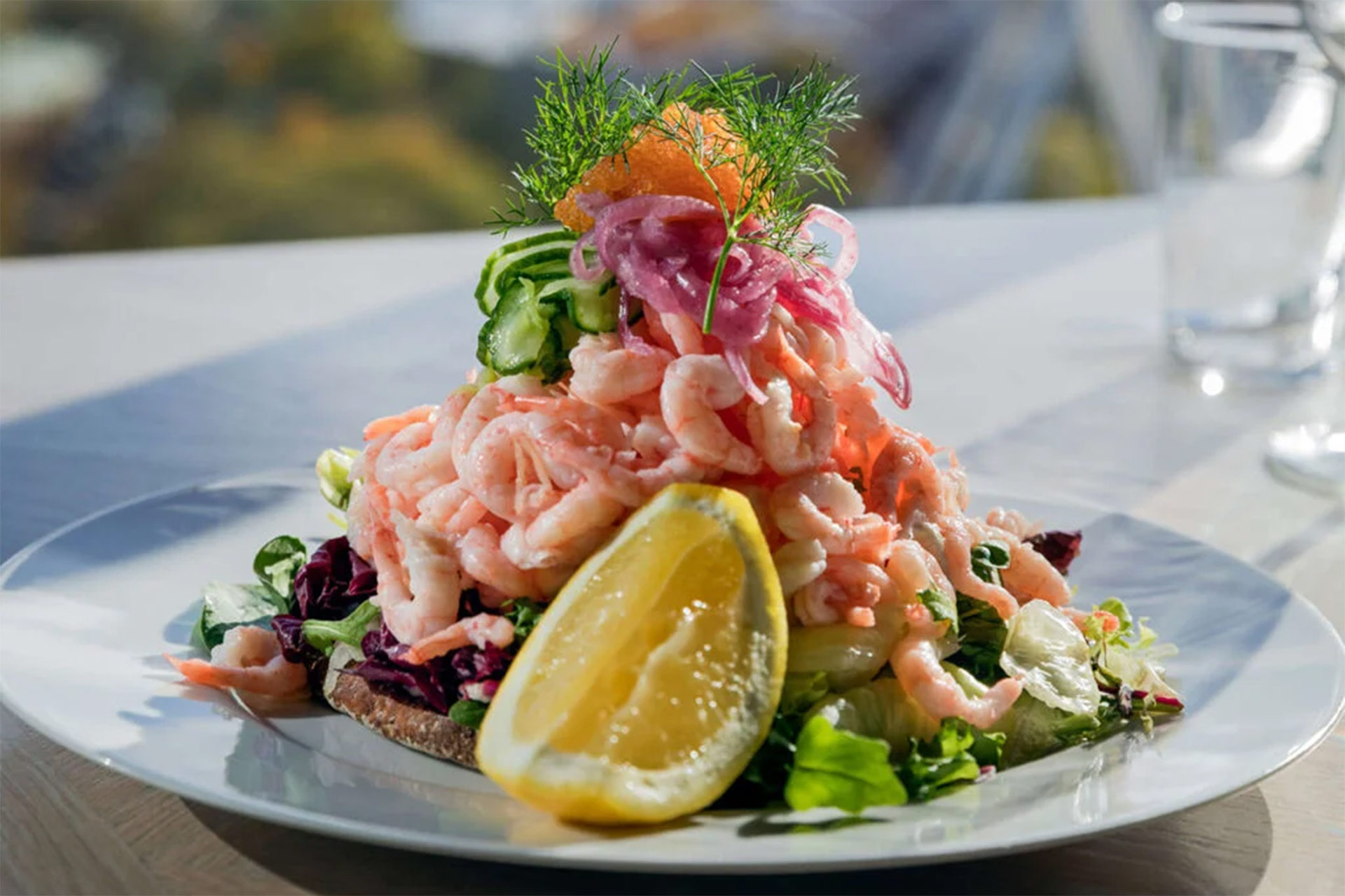 King Size räkmacka med handskalade räkor, dill och citron på tallrik.